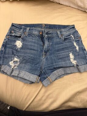 7 For All Mankind Distressed Blue Roll-Cuff Denim Shorts